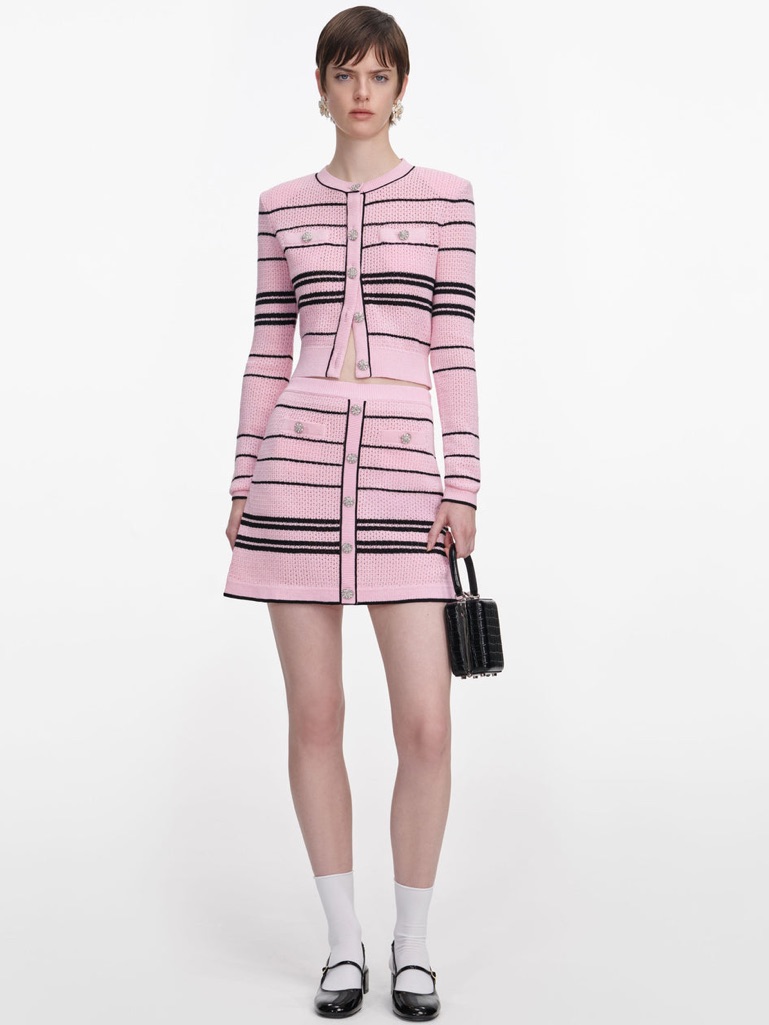 Nwot Self-Portrait 2-Piece Set Pink Stripe Cardigan + Mini Skirt